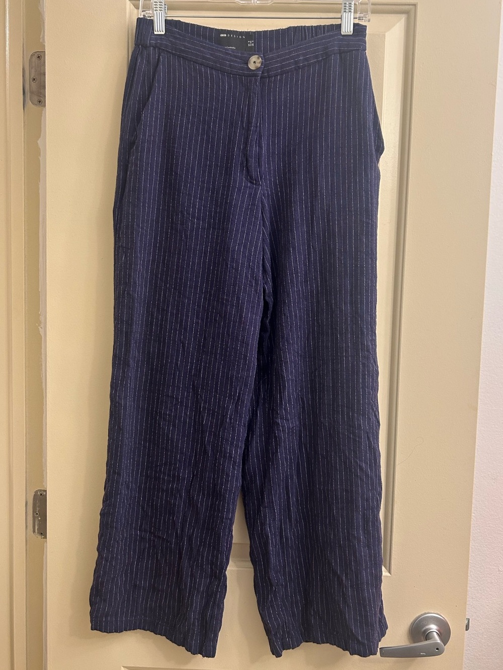 Wide-Leg Navy Pinstripe Linen Blend Pants